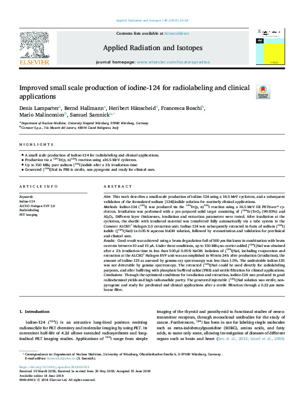 (PDF) Improved small scale production of iodine124 for radiolabeling