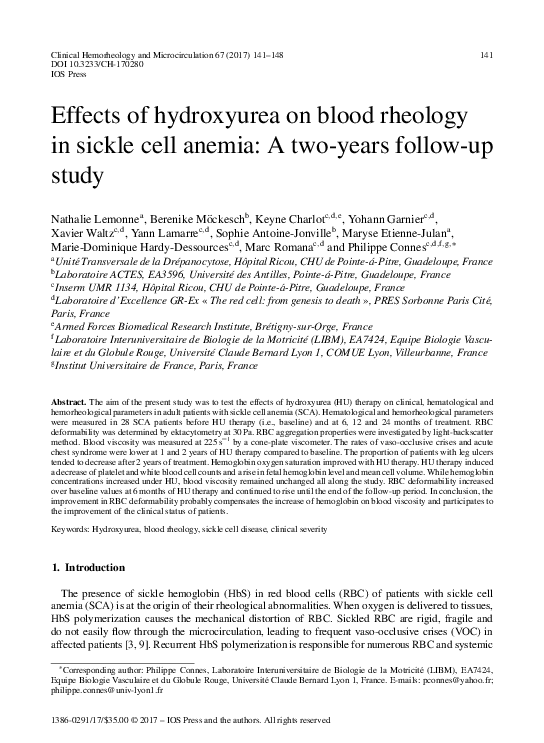 (PDF) Effects of hydroxyurea on blood rheology in sickle cell anemia: A ...