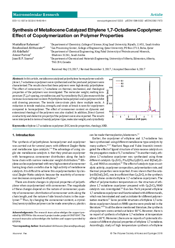 (PDF) Synthesis of Metallocene Catalyzed Ethylene 1,7-Octadiene ...