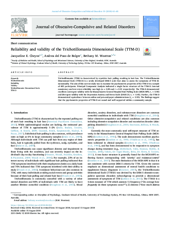 (PDF) Reliability and validity of the Trichotillomania Dimensional ...