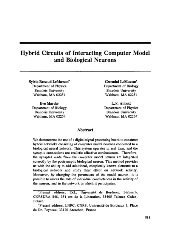 (PDF) Hybrid circuits of interacting computer model and biological neurons
