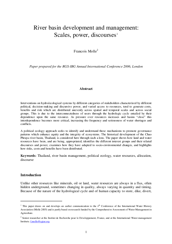 (PDF) River basin development and management Scales, power, discourses