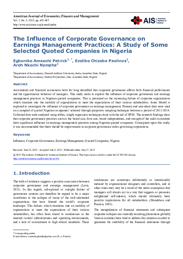 (PDF) The Influence of Corporate Governance on Earnings Management ...