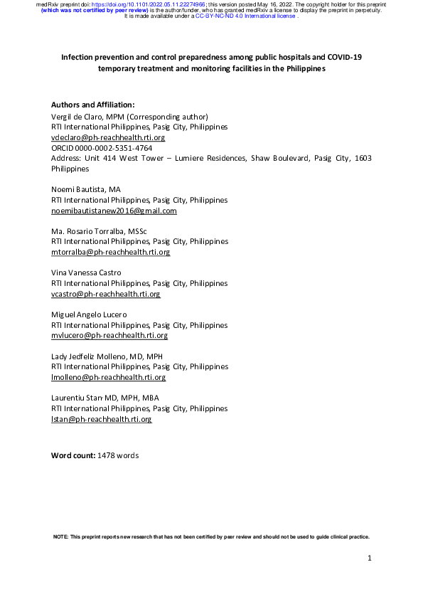 (PDF) Infection prevention and control preparedness among public ...
