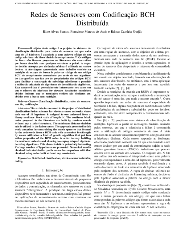 (PDF) Redes de Sensores com Codificação BCH Distribuída