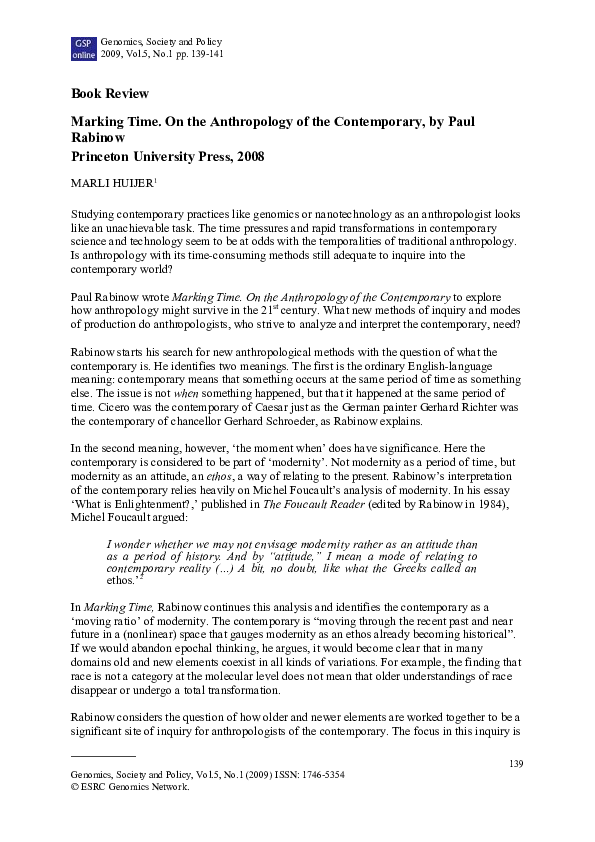 (PDF) Marking Time. On the Anthropology of the Contemporary, by Paul ...