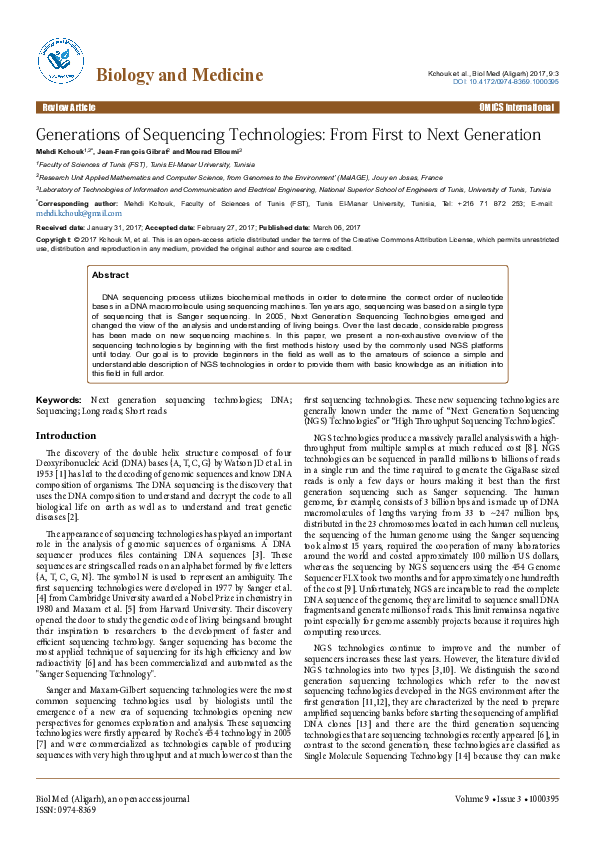 (PDF) Generations of Sequencing Technologies: From First to Next Generation