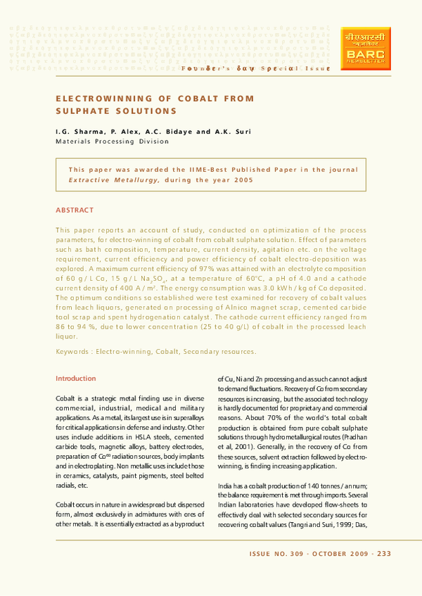 (PDF) Electrowinning of cobalt from sulphate solutions