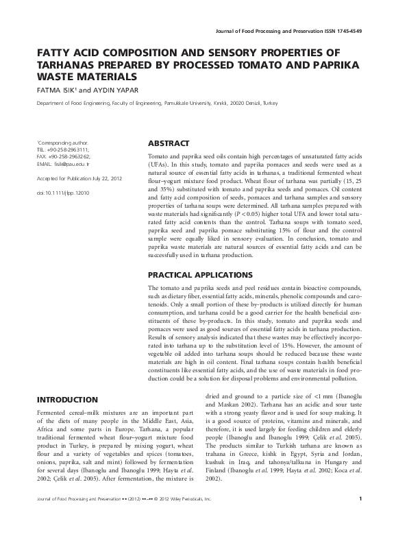 (PDF) Fatty Acid Composition and Sensory Properties of Tarhanas