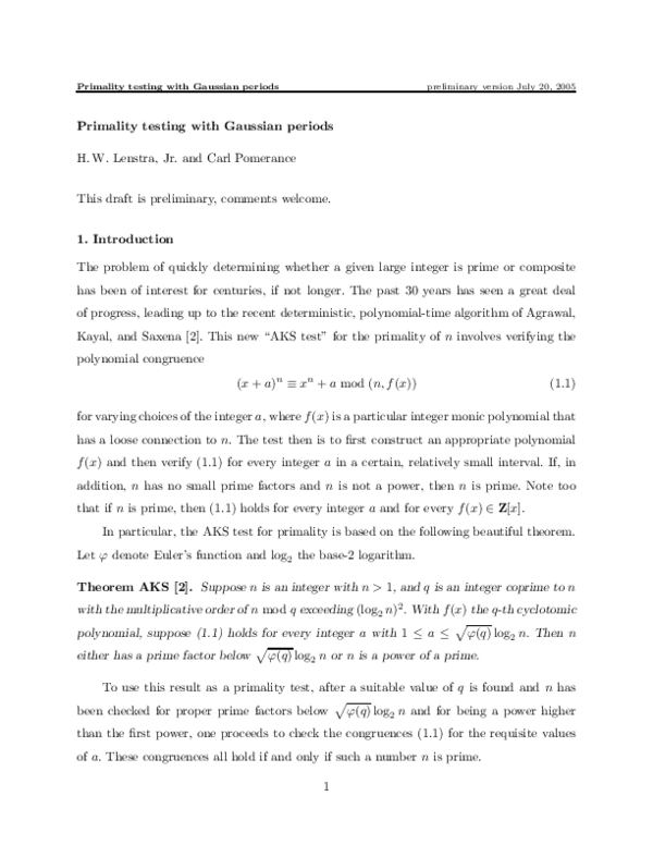 (PDF) Primality Testing with Gaussian Periods