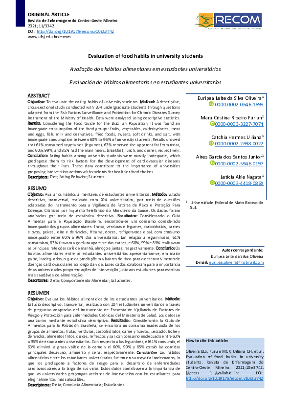 (PDF) Evaluation of food habits in university students