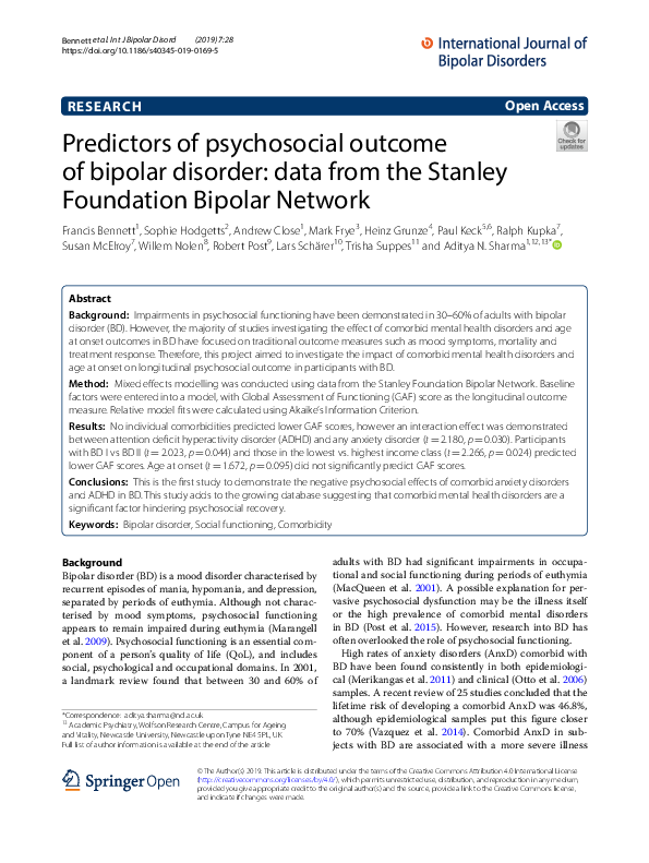 (PDF) Predictors of psychosocial outcome of bipolar disorder: data from ...