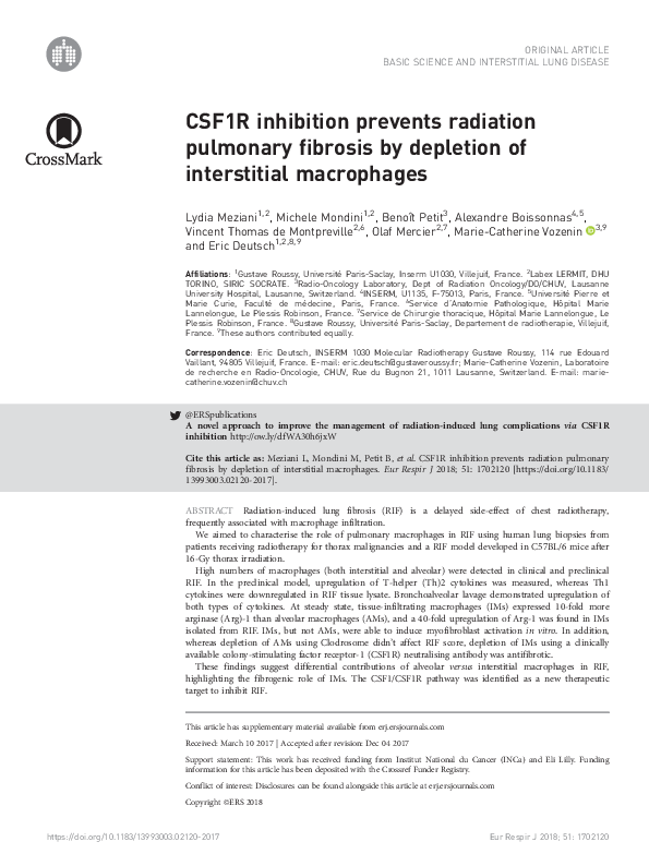 (PDF) CSF1R inhibition prevents radiation pulmonary fibrosis by ...