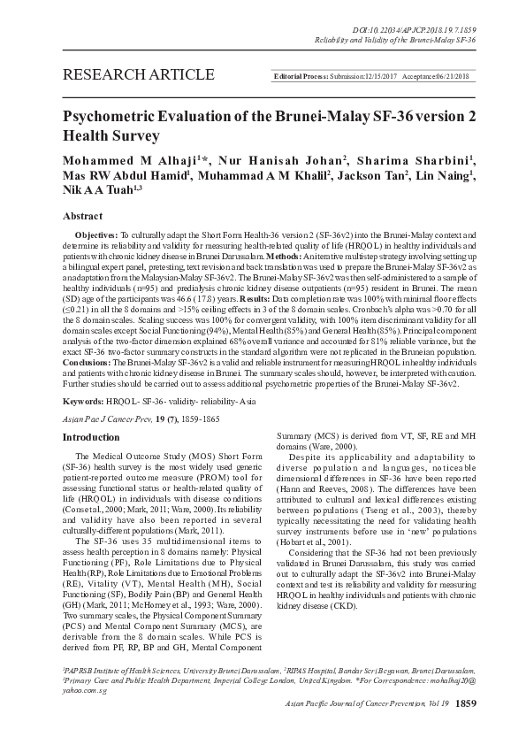 (PDF) Psychometric Evaluation of the Brunei-Malay SF-36 version 2 ...