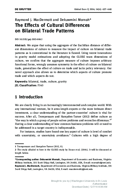 (PDF) The Effects of Cultural Differences on Bilateral Trade Patterns