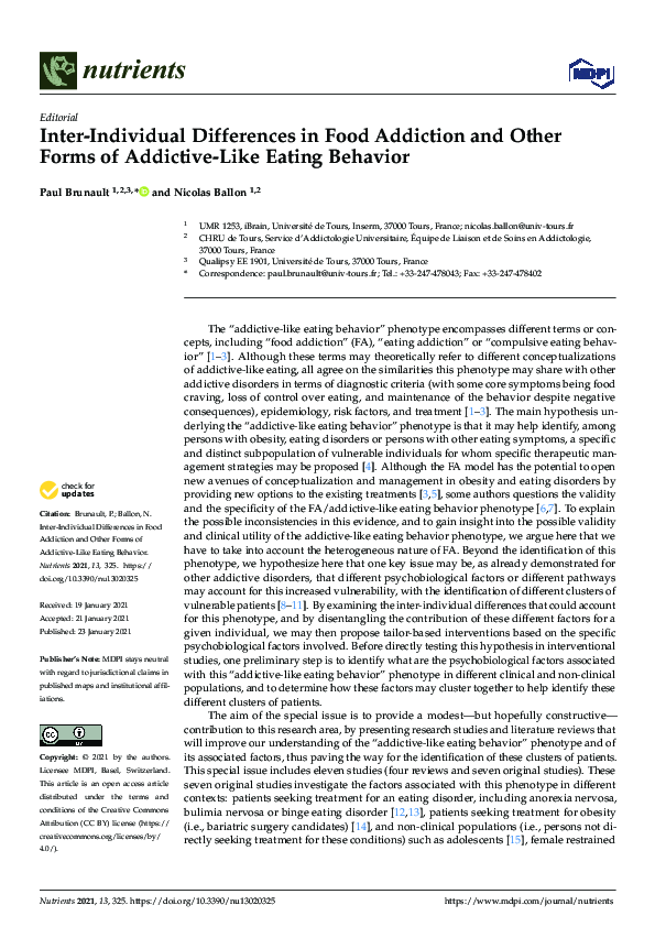(PDF) Inter-Individual Differences in Food Addiction and Other Forms of ...