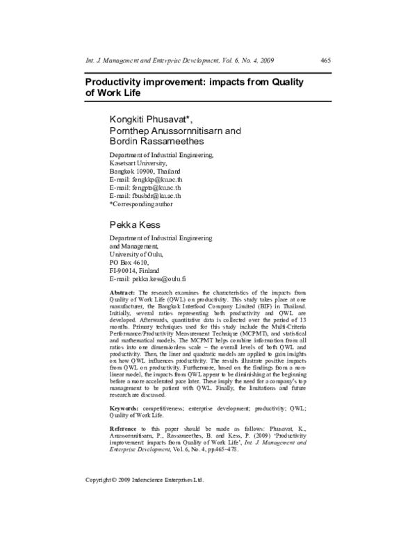 (PDF) Productivity improvement: impacts from Quality of Work Life