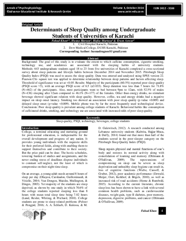 (PDF) Determinants of Sleep Quality among Undergraduate Students of ...