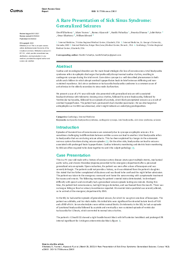 (PDF) A Rare Presentation of Sick Sinus Syndrome: Generalized Seizures