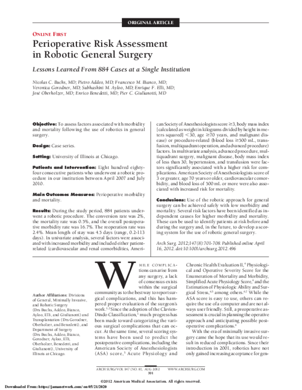(PDF) Perioperative Risk Assessment in Robotic General Surgery