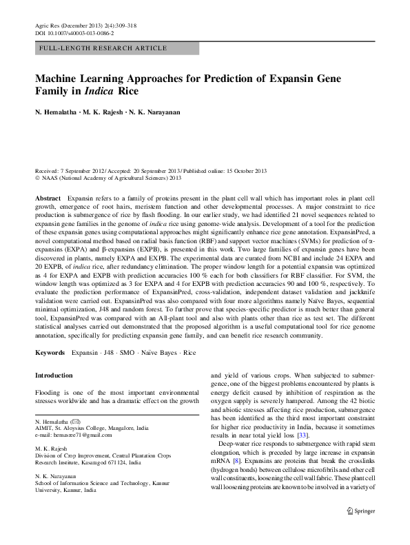 (PDF) Machine Learning Approaches for Prediction of Expansin Gene ...