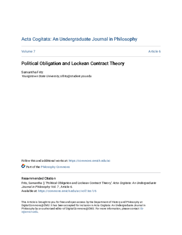 (PDF) Political Obligation and Lockean Contract Theory