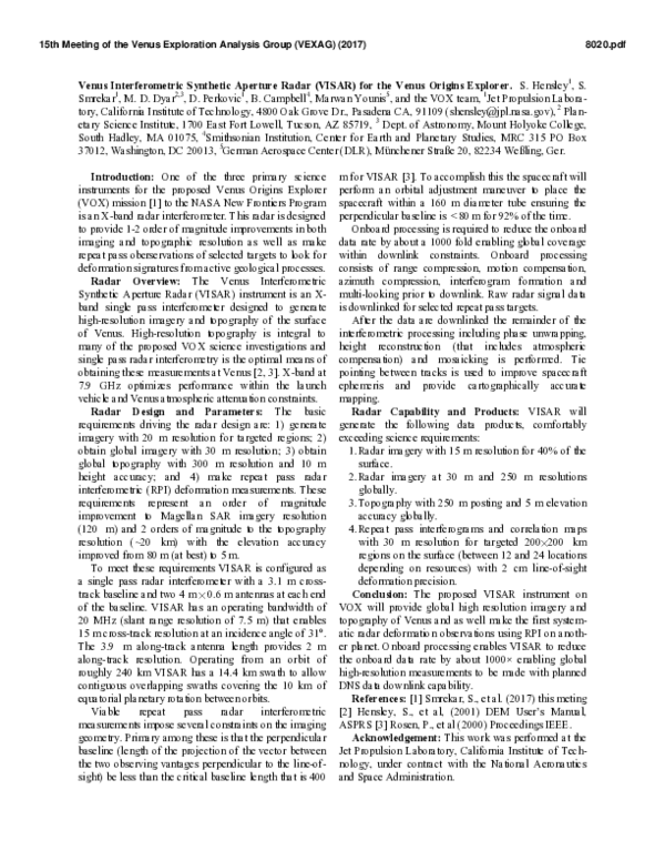(PDF) Venus Interferometric Synthetic Aperture Radar (VISAR) for the ...