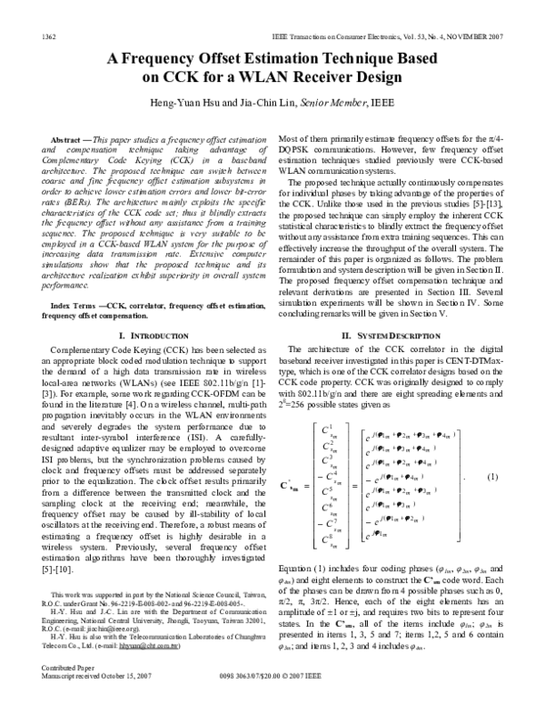 (PDF) A Frequency Offset Estimation Technique Based on CCK for a WLAN ...