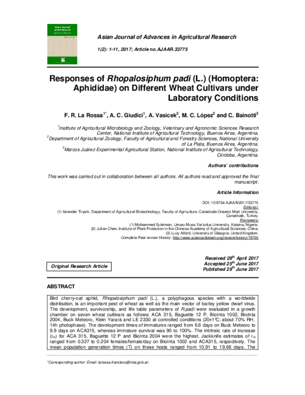 (PDF) Responses of Rhopalosiphum padi (L.) (Homoptera: Aphididae) on ...