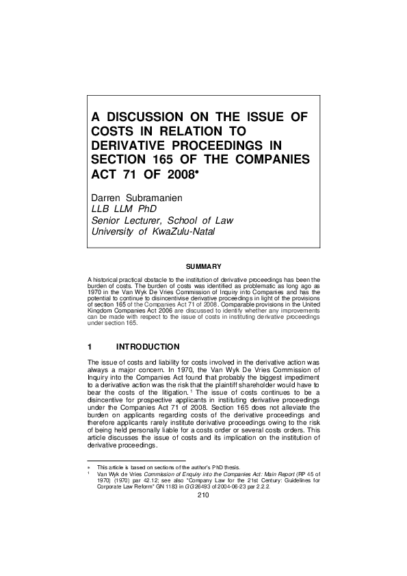 (PDF) A Discussion on the Issue of Costs in Relation to Derivative ...
