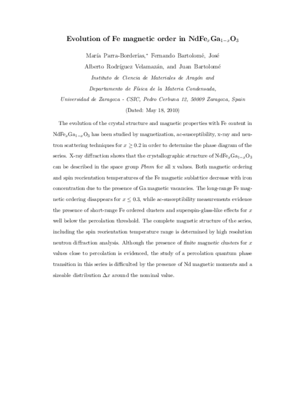 (PDF) Evolution of Fe magnetic order in NdFexGa1 −xO3 | Juan Bartolome ...
