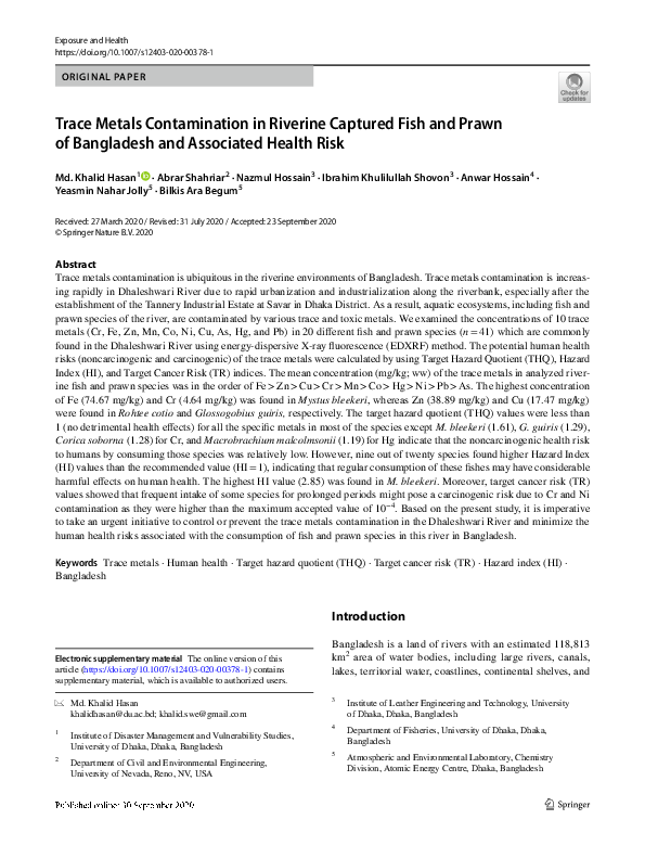 (PDF) Trace Metals Contamination in Riverine Captured Fish and Prawn of ...