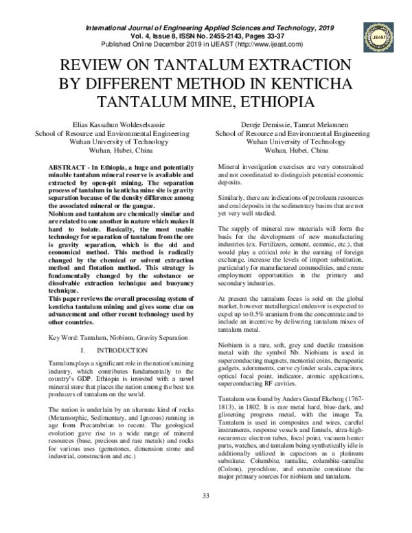 (PDF) Review on Tantalum Extraction by Different Method in Kenticha Tantalum Mine, Ethiopia