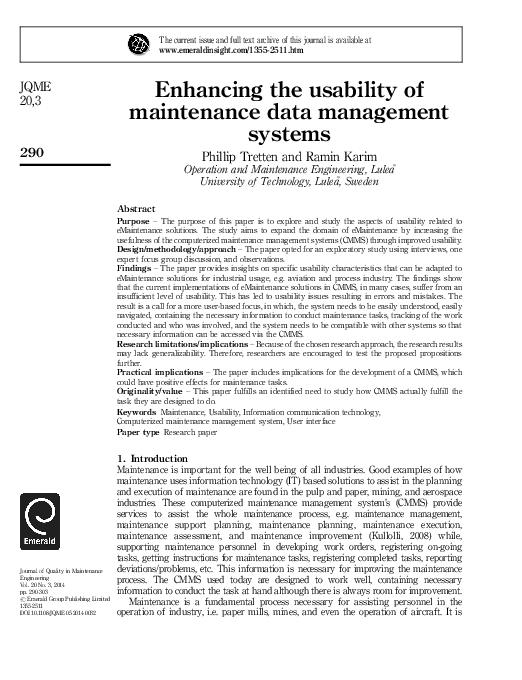 (PDF) Enhancing the usability of maintenance data management systems