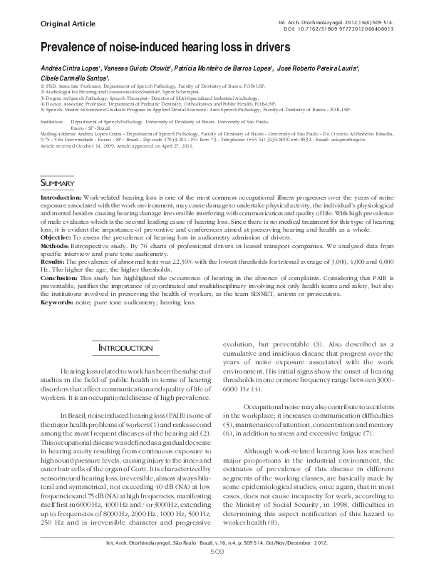 (PDF) Prevalence of noise-induced hearing loss in drivers