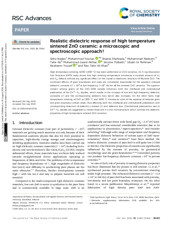(PDF) Realistic dielectric response of high temperature sintered ZnO ...