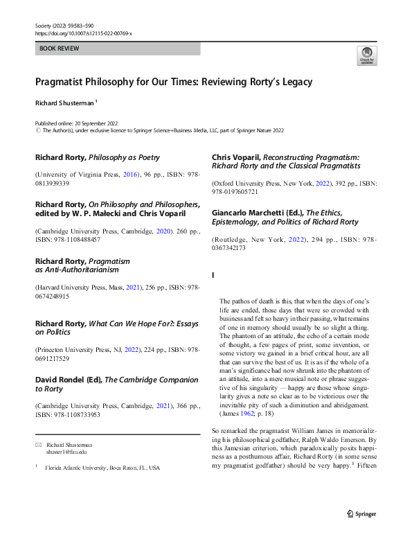 (PDF) Pragmatist Philosophy for Our Times: Reviewing Rorty's Legacy