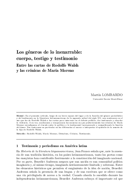 (PDF) Los géneros de lo inenarrable: cuerpo, testigo y testimonio Entre ...