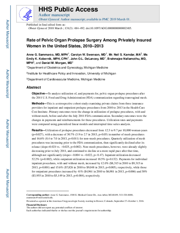 (PDF) Rate of Pelvic Organ Prolapse Surgery Among Privately Insured Women in the United States