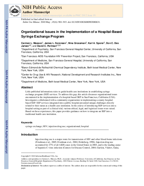 (PDF) Organizational Issues in the Implementation of a HospitalBased Syringe Exchange Program