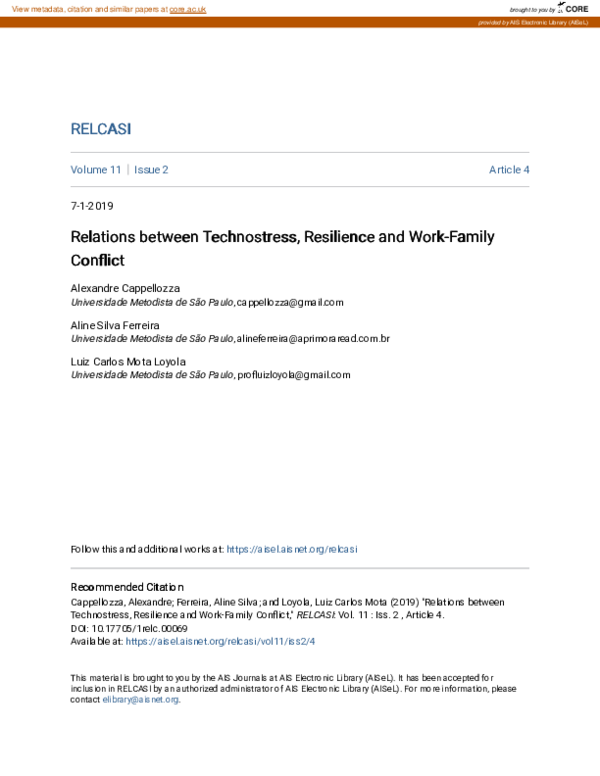 (PDF) Relations between Technostress, Resilience and Work-Family Conflict