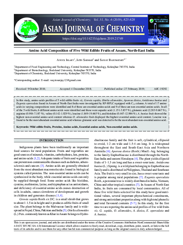 (PDF) Amino Acid Composition of Five Wild Edible Fruits of Assam, North ...