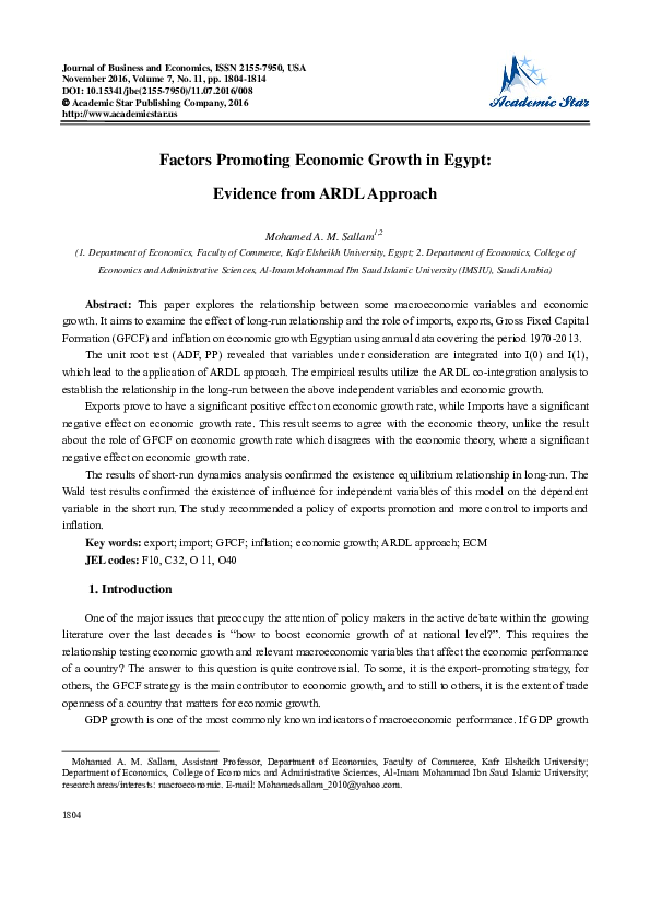 (PDF) Factors Promoting Economic Growth in Egypt : Evidence from ARDL ...