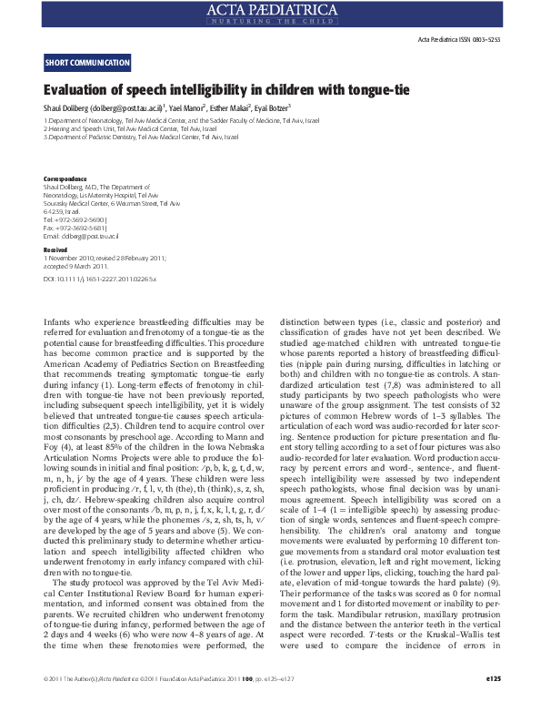 (PDF) Evaluation of speech intelligibility in children with tongue-tie