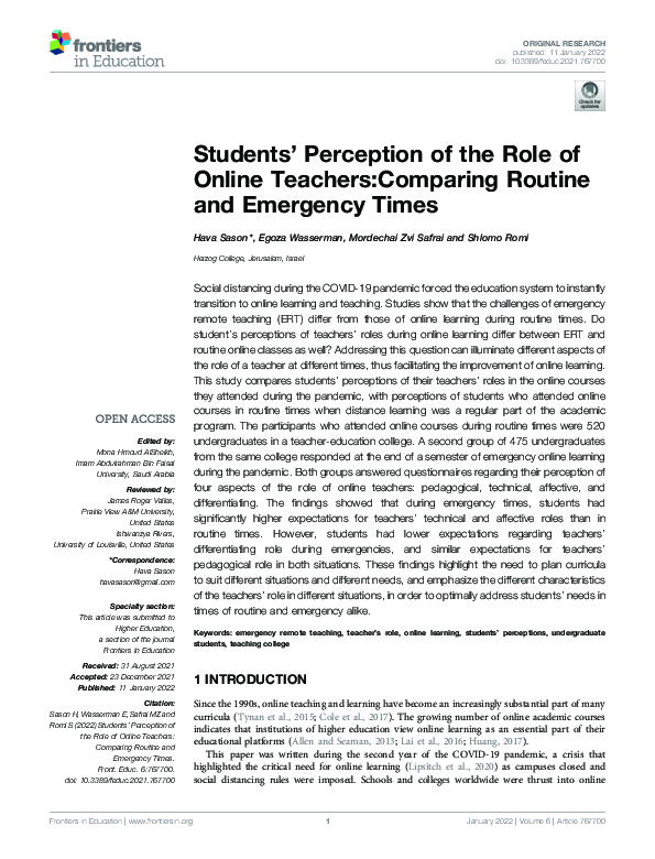 (PDF) Students’ Perception of the Role of Online Teachers:Comparing ...