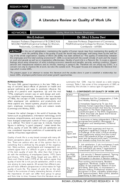 (PDF) A Literature Review on Quality of Work Life