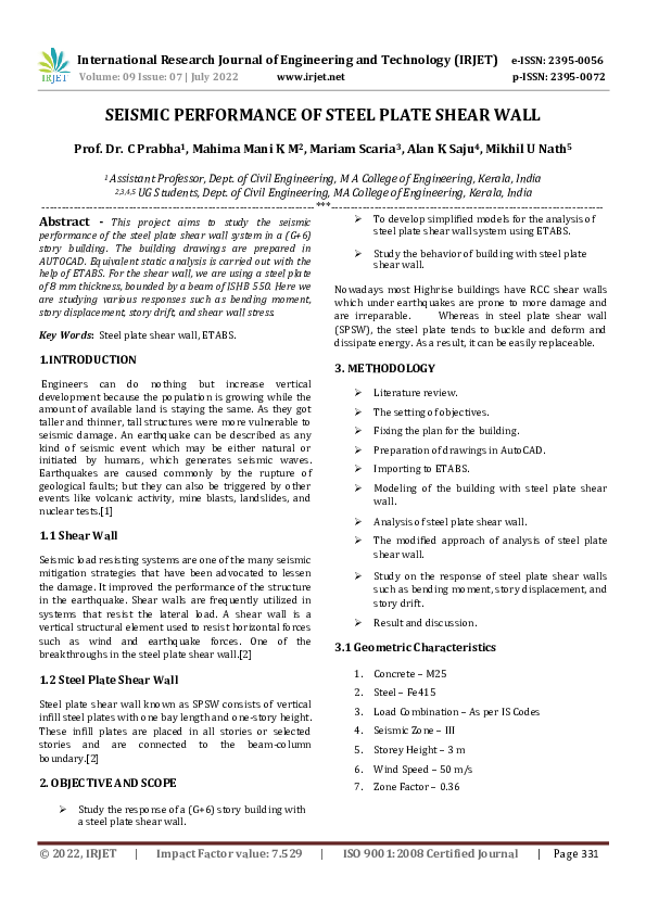 (PDF) SEISMIC PERFORMANCE OF STEEL PLATE SHEAR WALL