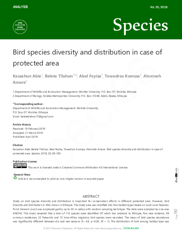 (PDF) Bird species diversity and distribution in case of protected area