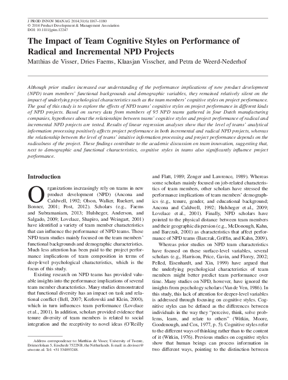 (PDF) The Impact of Team Cognitive Styles on Performance of Radical and ...
