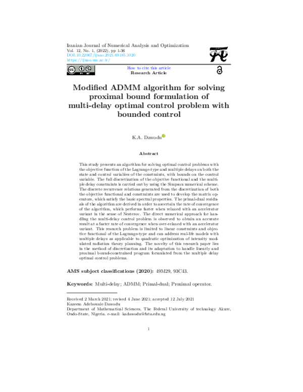 (PDF) Modified ADMM algorithm for solving proximal bound formulation of ...
